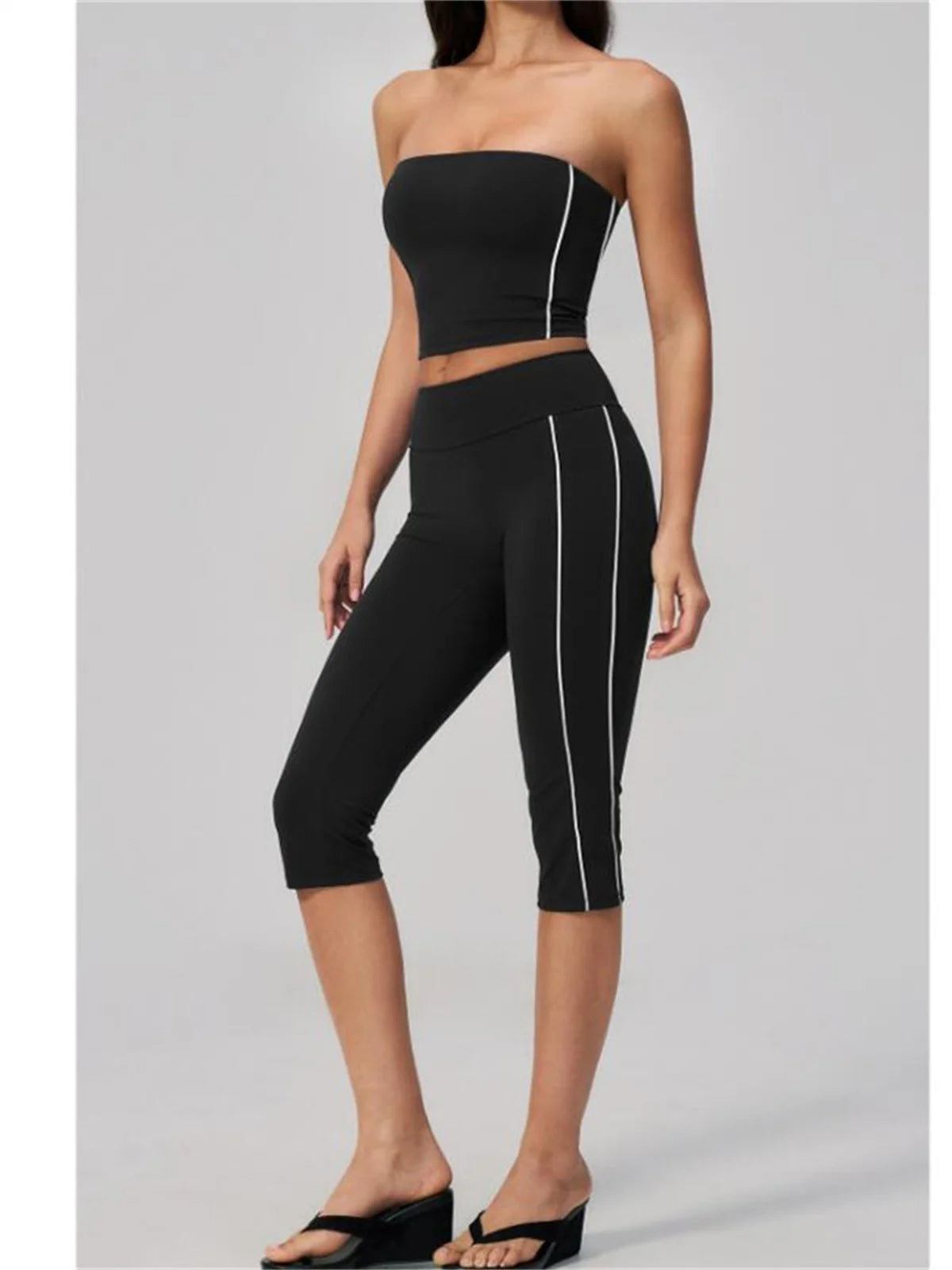 Color Blocked Strapless Yoga Suit 2 Pieces Women Sports Bra High Waist Leggings Fitness Suit Outwear Running Push Up Tracksuit