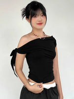 2025 Women'S Summer Ins Style New Shrink Pleated One-Shoulder Crop Top Backless Twist Tie Asymmetric T-Shirt Casual Top