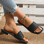 Classic Plus Size Woven Slippers for Women Summer Square Toe Low Heel Slides Sandals Woman Outdoor Pu Leather Beach Flip Flops