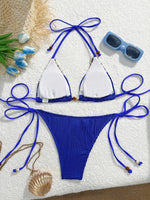 Sexy Blue Knitted Patchwork Bikini Set Women Halter Push Up Bra Bandage Thong Swimsuit Summer Bathing Suit Pool Swimwear 2026