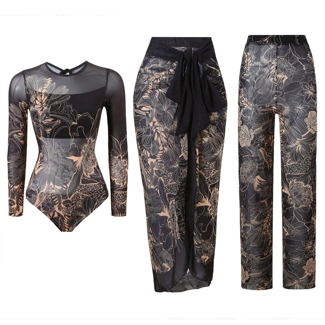 S - XXL 3PCS New Printed Long Sleeve With Pants Sarong Women Swimwear One Piece Swimsuit Female Bather Bathing Suit Swim K7180
