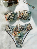 S - XL Sexy Leopard Printed Bandeau Bikini Female Swimsuit Women Swimwear Two-Pieces Bikini Set Bather Bathing Suit Swim V7541