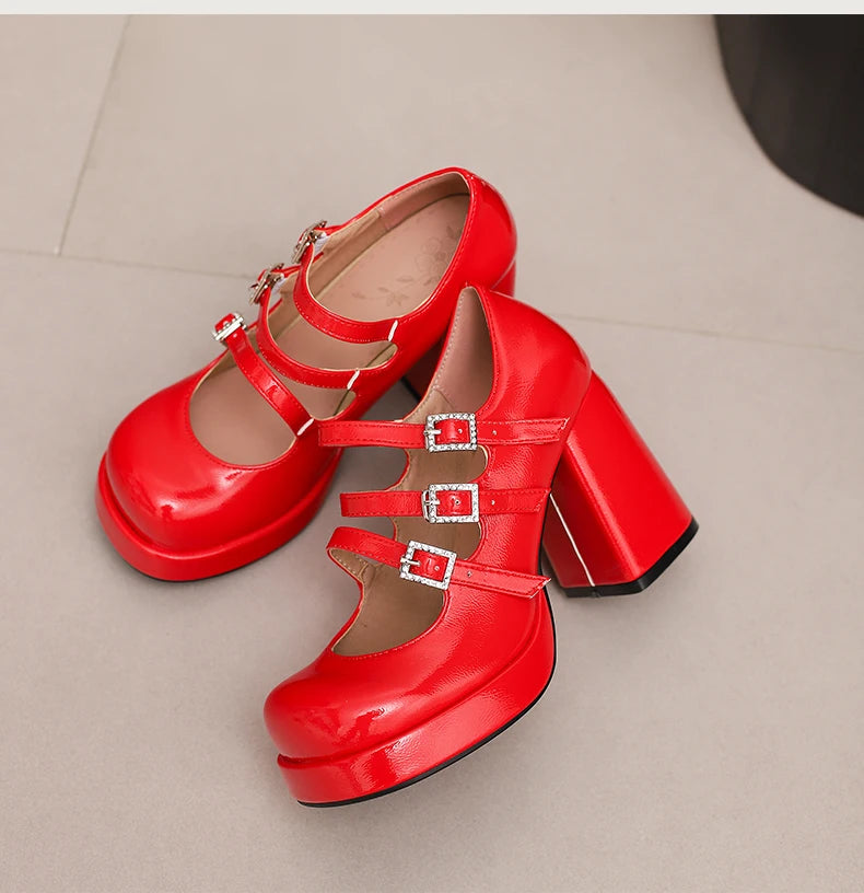 Plus Size Women Red Patent Leather Platform Mary Jane Shoes 3 Rhinestone Buckle Straps Chunky BlockY2K Lolita Party Pumps
