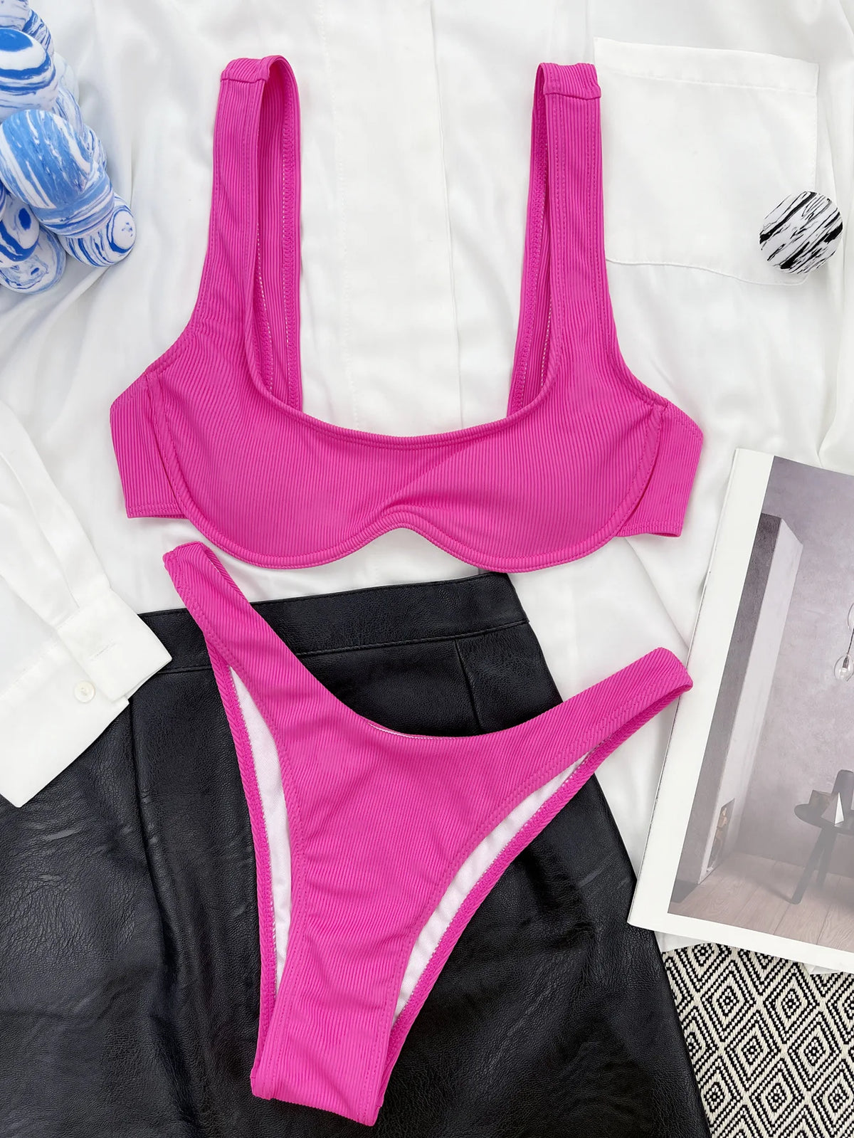 DEKA Women Solid Bikini Set Triangle Brazilian Neon Pink Swimwear Bandage Backless Two Pieces Swimsuit Beachwear Biquini