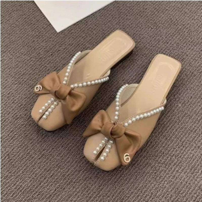Pearl Slides With Bow Woman Slippers New Collection Original Style Shoes for Women Unique Waterproof Chic and Elegant