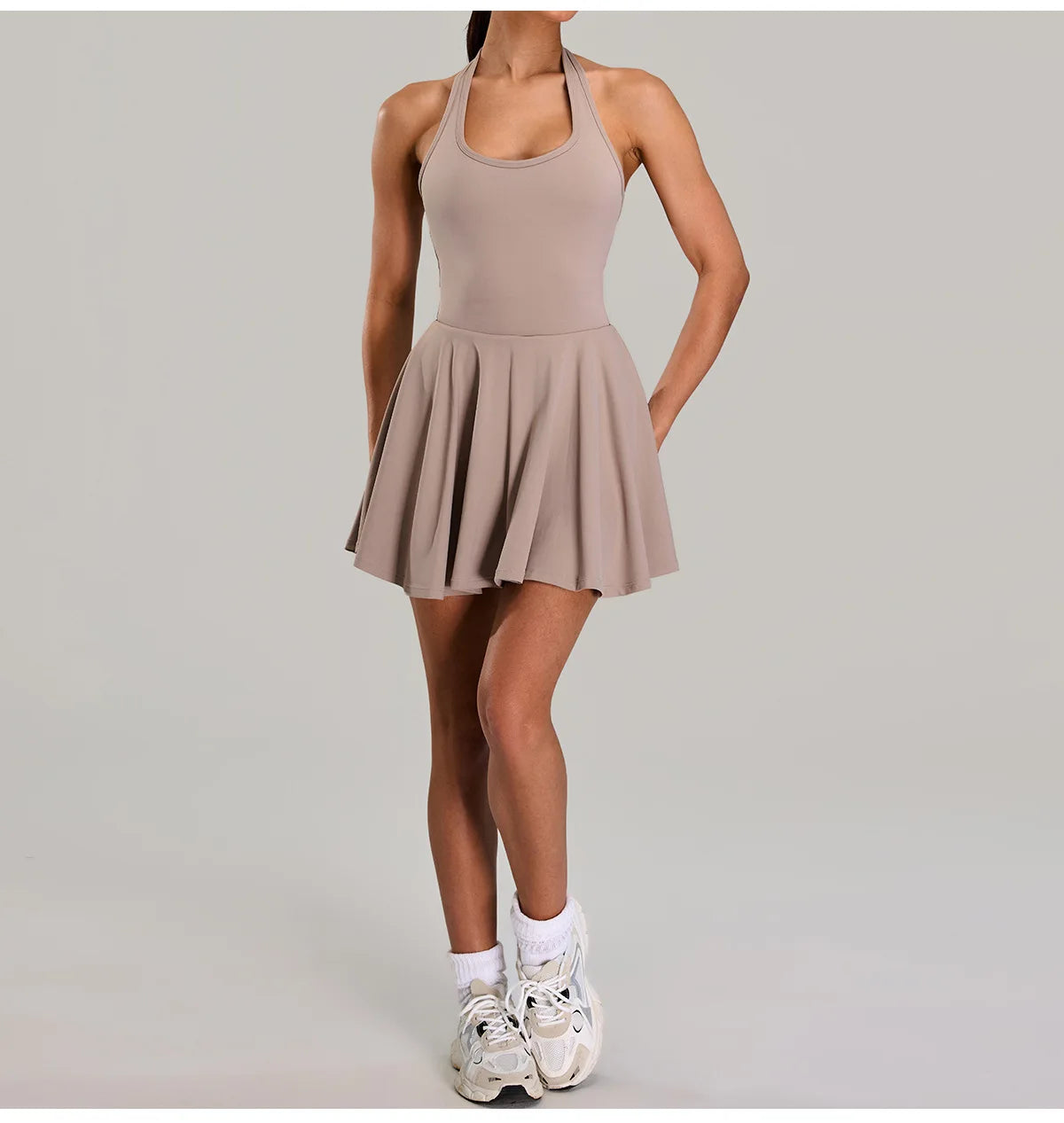 Summer Sleeveless Halter Slim Tennis Dress Women Sexy 2-in-1 Hollow Backless Golf Sports Dresses Outdoor Running Fitness Skirt
