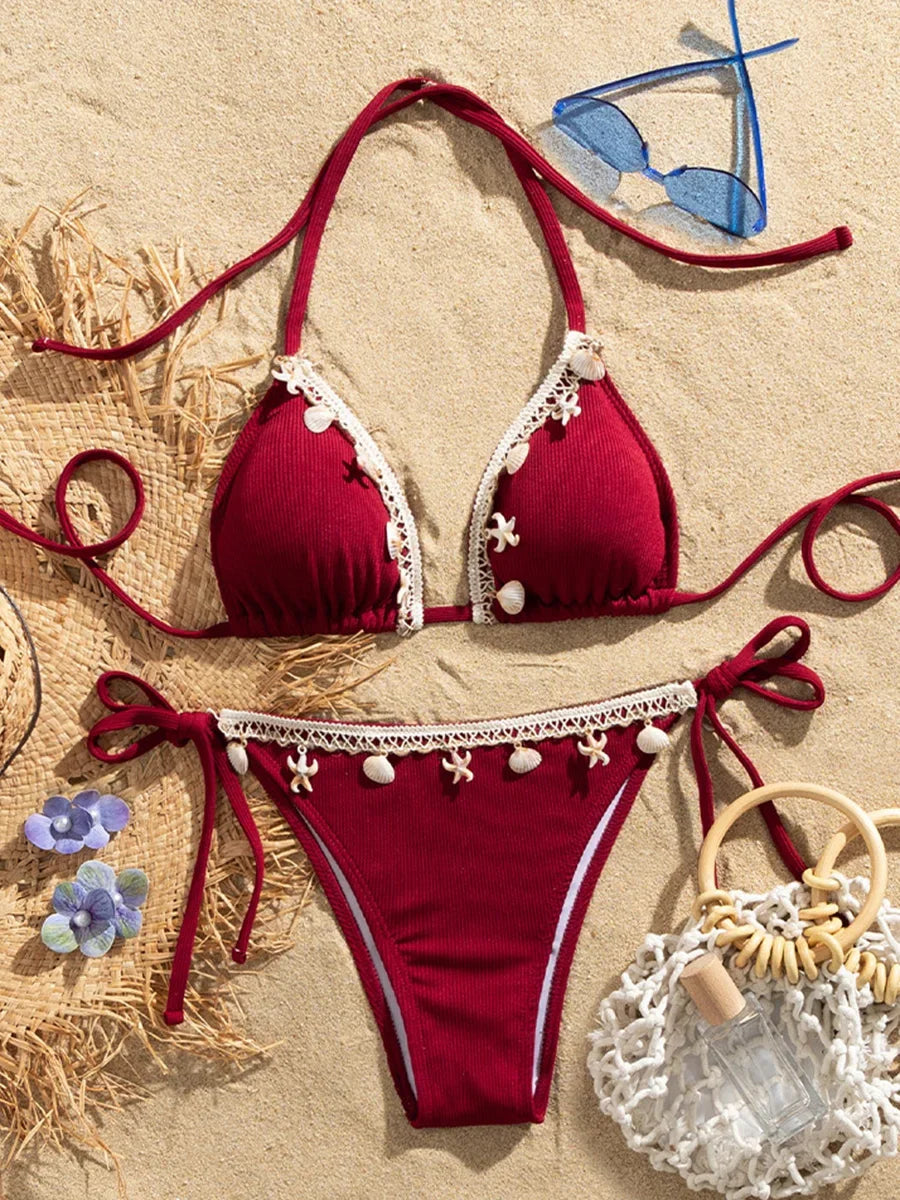 Shell Decoration Ribbed Bikini Women Swimwear Female Swimsuit Two-pieces Bikini Set Halter Strappy Bather Bathing Suit Swim Lady