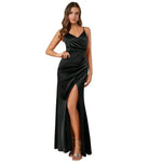 Women's Spaghetti Strap Satin Slit Dress Ruched V Neck Sleeveless Prom Dress Mermaid Bridesmaid Dress for Formal Evening Gown