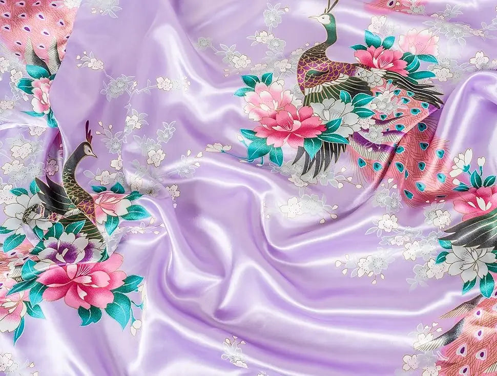 Lace Up Woman Peacock Print Japanese Kimono Yukata Silk Satin Short Style Sleepwear Home Nightgown Bath Robe Costume