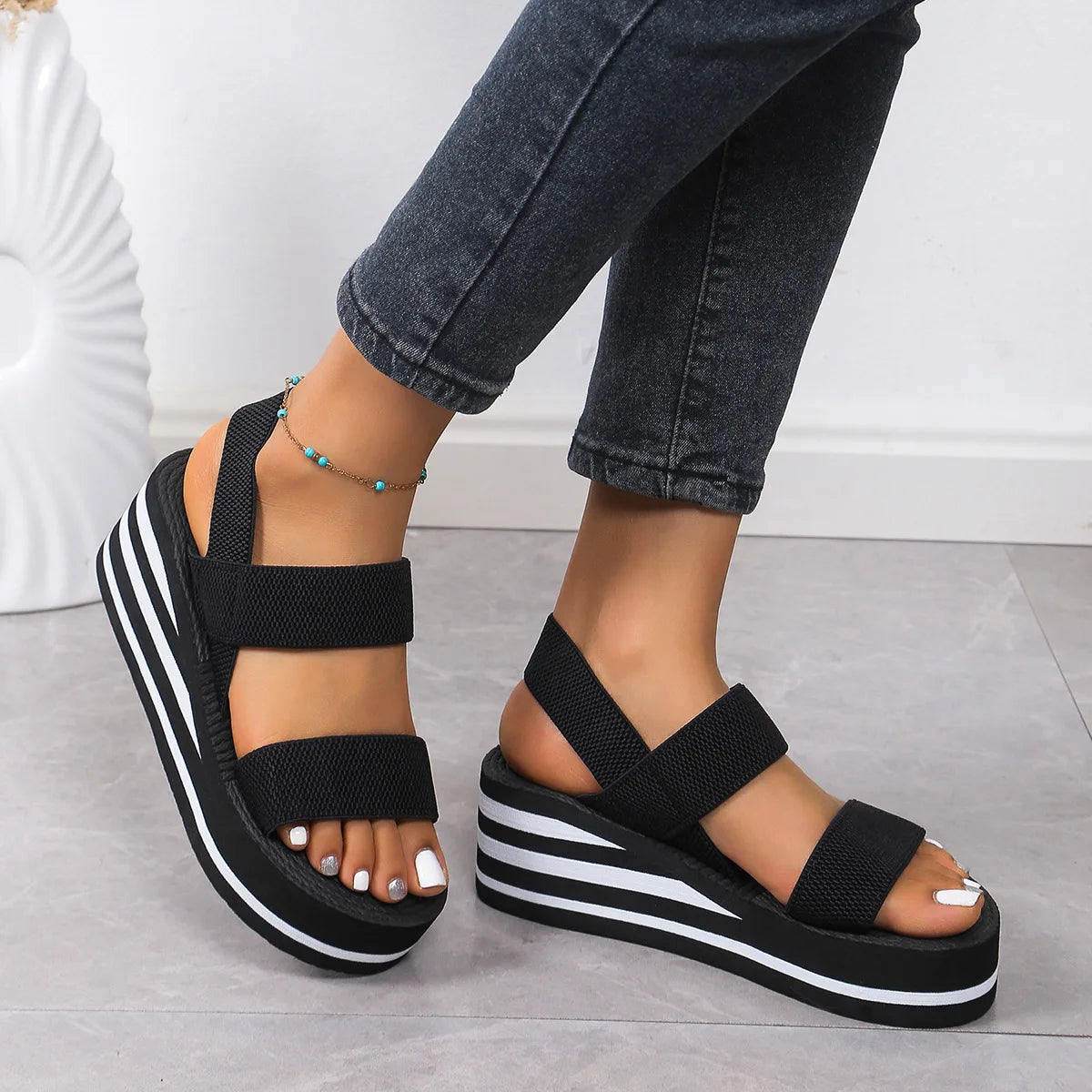 New Minimalist Slingback Wedge Sandals Summer Light Weight Shoes Striped Color Sole Thick Bottom Ladies Leisure Sandalias