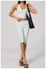 New Summer Women White Polka Dot Print Yoga Sets Hanging Neck Slim Sport Vest High Waist Mid Pants Gym Two-piece Workout Clothes