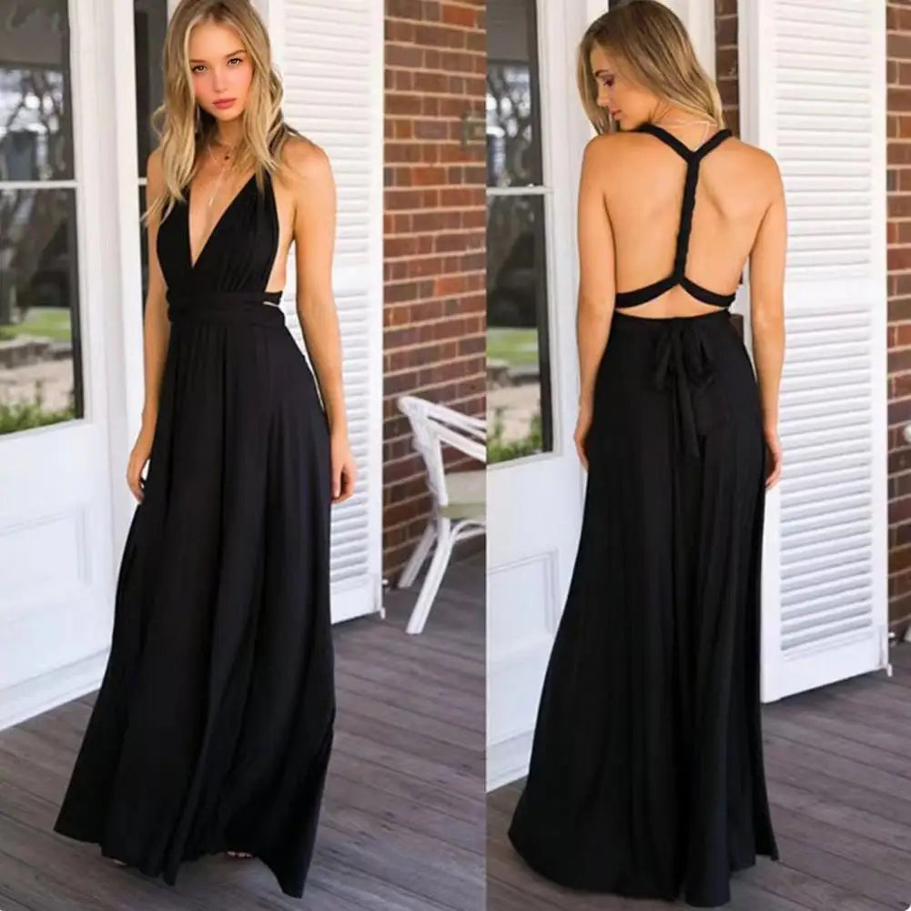 Women Dress Halter Sleeveless Backless Multiple Strap Design Party Dress Wedding Banquet Festival Long Dress