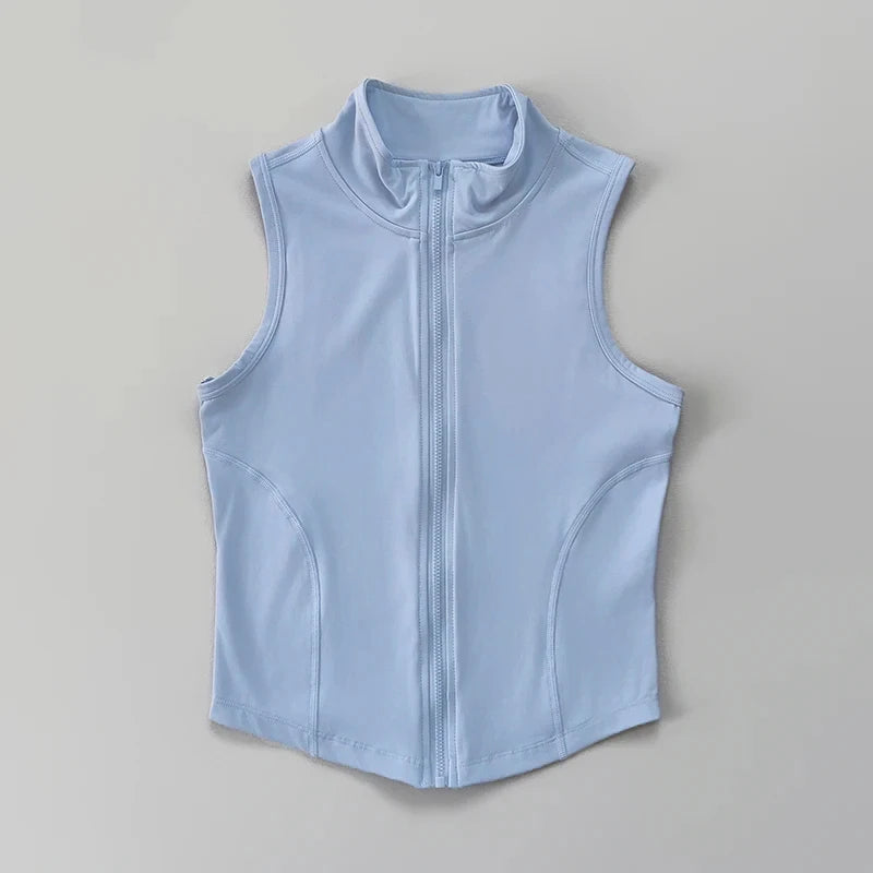 Summer Stand-Up Collar Zipper Sleeveless Vest Women'S Elastic Slim Fit, Quick-Drying, Fitness, Outdoor Sports, Versatile Top