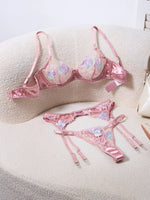 French Romantic Pink Satin Embroidered Lingerie Set Bra + Thong + Stockings Three-Piece Set