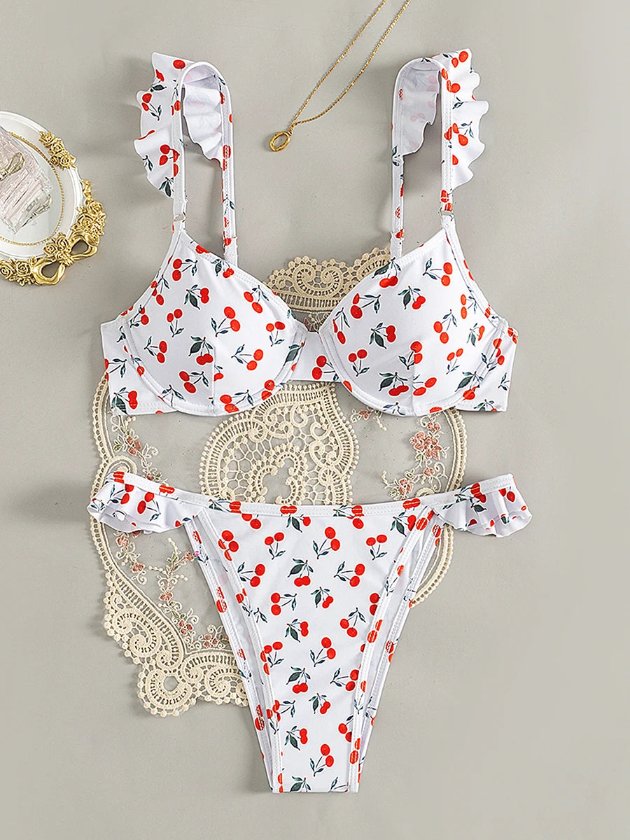 Cherry Printed Underwired V-bar Ruffled Bikini Women Swimwear Female Swimsuit Two-pieces Bikini Set Push Up Bathing Suit Swim