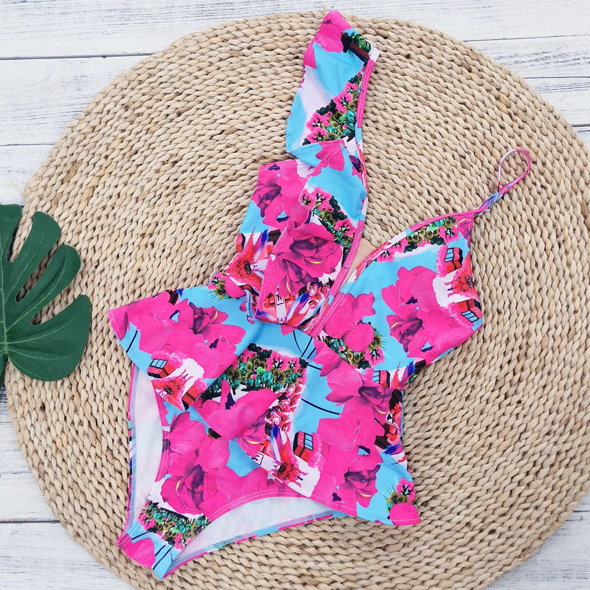 Sexy Ruffle Shoulder Swimsuit V-Neck Swimwear Women Backless Push Up Bathing SuitBeach Wear 2024 Female Swimming Suit