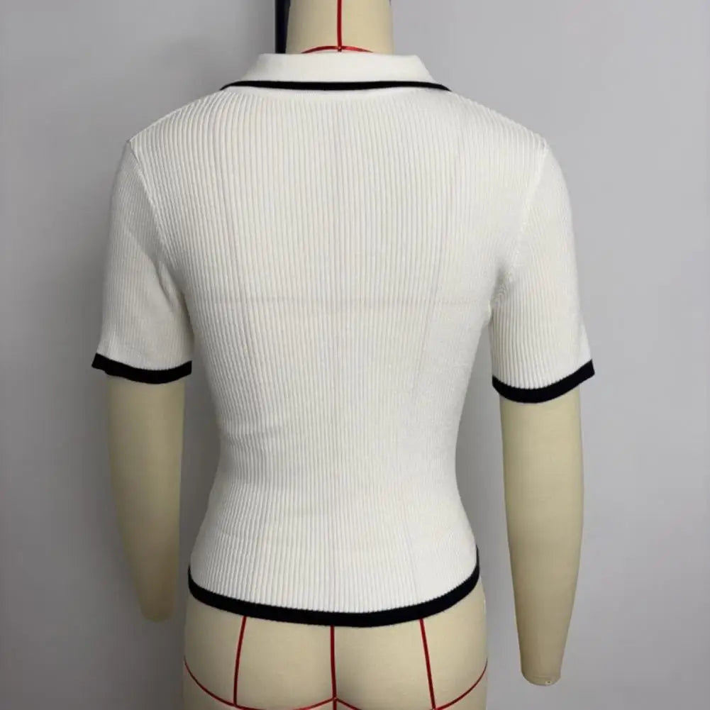 Women Short Tops Short-Sleeve Patchwork Color Lapel Tops with Buttoned Neckline Regular Fit Knitting Tops
