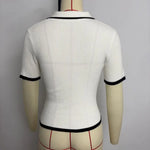 Women Short Tops Short-Sleeve Patchwork Color Lapel Tops with Buttoned Neckline Regular Fit Knitting Tops