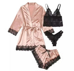 4pcs Women's Elegant Nightgown Pajama Set - Long Sleeve Lace Trim Bathrobe & Underwear, Soft Sleepwear for All-Season