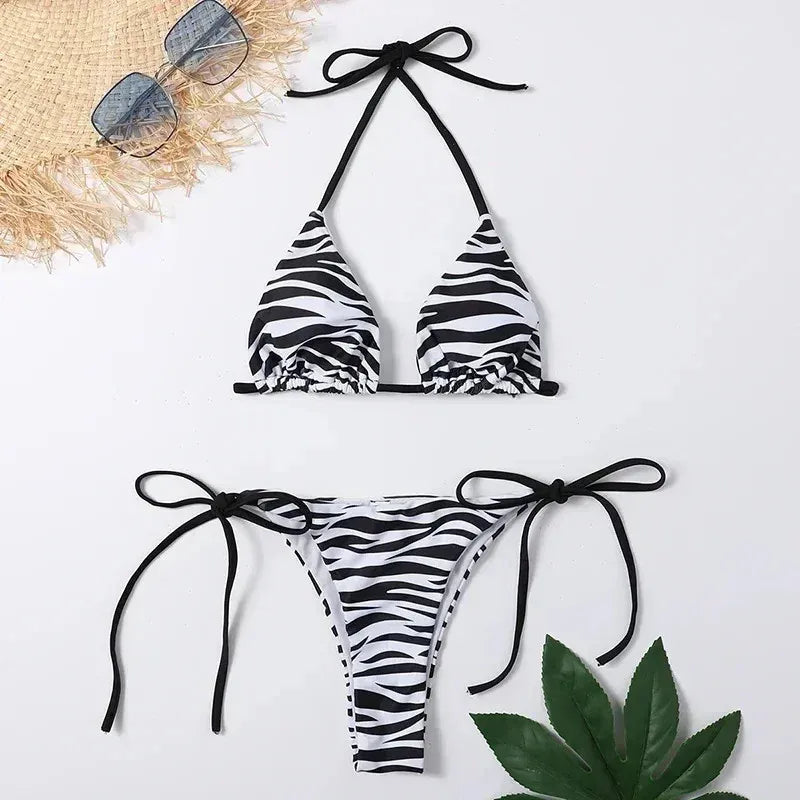 Zebra Striped Print Swimwear String Micro Bikini Thong 2026 Sexy Swimsuit Women Bathing Suit Halter Triangle Bikinis Sets Mujer