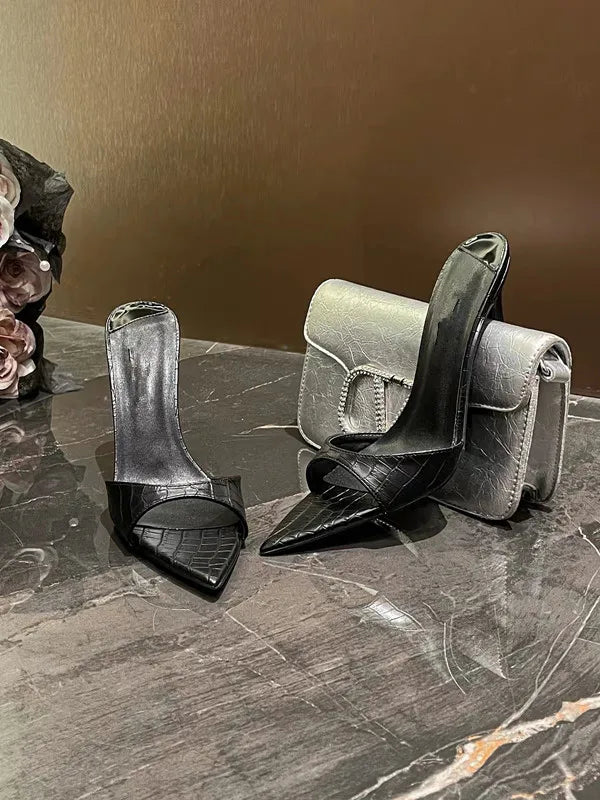 Women Crocodile Texture Pointed Toe Mule Heels Slip On Stiletto High Heel Slippers Elegant Daily Club Party Dress Sandals