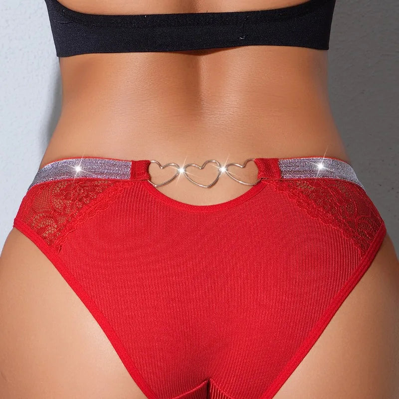Low-rise Shiny Sexy Women's Panties Hollow Out Ribbed Lady Briefs Breathable Sexy Lingerie Heart Decor Elegant Female Underwear