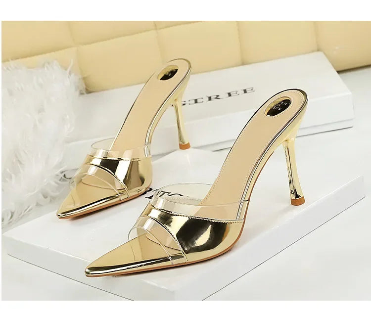 BIGTREE Shoes Women PVC Transparent Shoes for Women Sexy Pointed Open Toe Shallow Slider Slippers Ladies Sandal High Heels Mules
