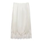 Women Solid Color Satin Long Skirs Elegant Low Waist Lace Patchwork Flowy Summer Skirt for Casual