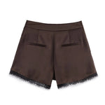 Women's Fashion Satin Texture Casual Style Shorts Elegant Brown Satin Pleated Shorts For Women High-Waisted Black Lace Trim PPDS