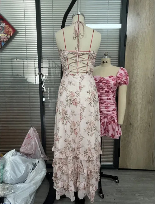 Women's Fashion Flower Print Bead Chain Halter Neck Long Dresses Sexy V-neck Backless Leace-up Slit Dress Lady Party Vestidos