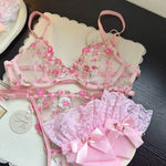 French Floral Lace Bra Set Push Up Underwire Large Bust Sheer Mesh See Through Sexy Bra Embroidery Demi Cup Lingerie Set MOYISU