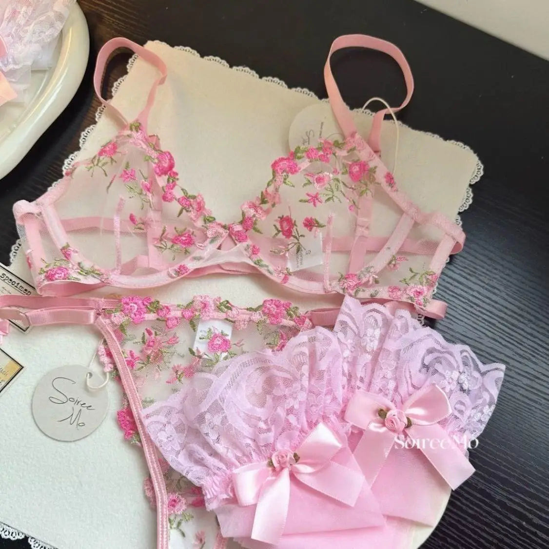 Everyday French Lace Bra Set Sheer Mesh Underwire Large Bust Support Floral Embroidery Comfort Wear Sexy MOYISU Panty Tushy Set