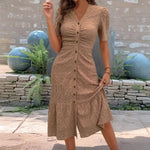 Women's Button Down Ruched Long Dress Summer Beach A-Line Swing Sundress Casual Short Sleeve V-Neck Maxi Dress