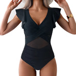 2026 Solid Women's Swimsuit Trend Tummy Control V Neck Sexy Black Bikini Ruched Bathing Suits Slim Fit Ruffle Sleeve Swimwear