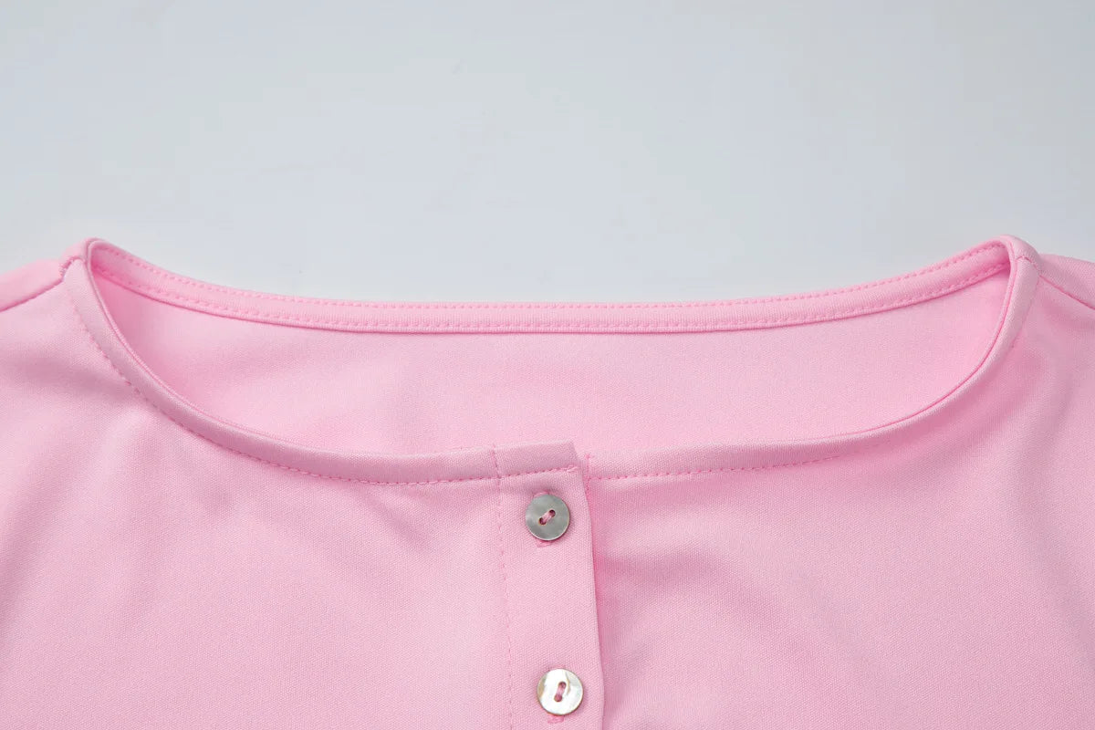 FDYOUI Pink T-shirts 2026 Summer Woman Clothes O-neck Single Breasted Cardigan Tops Female Short Sleeve Slim T Shirt Streetwear