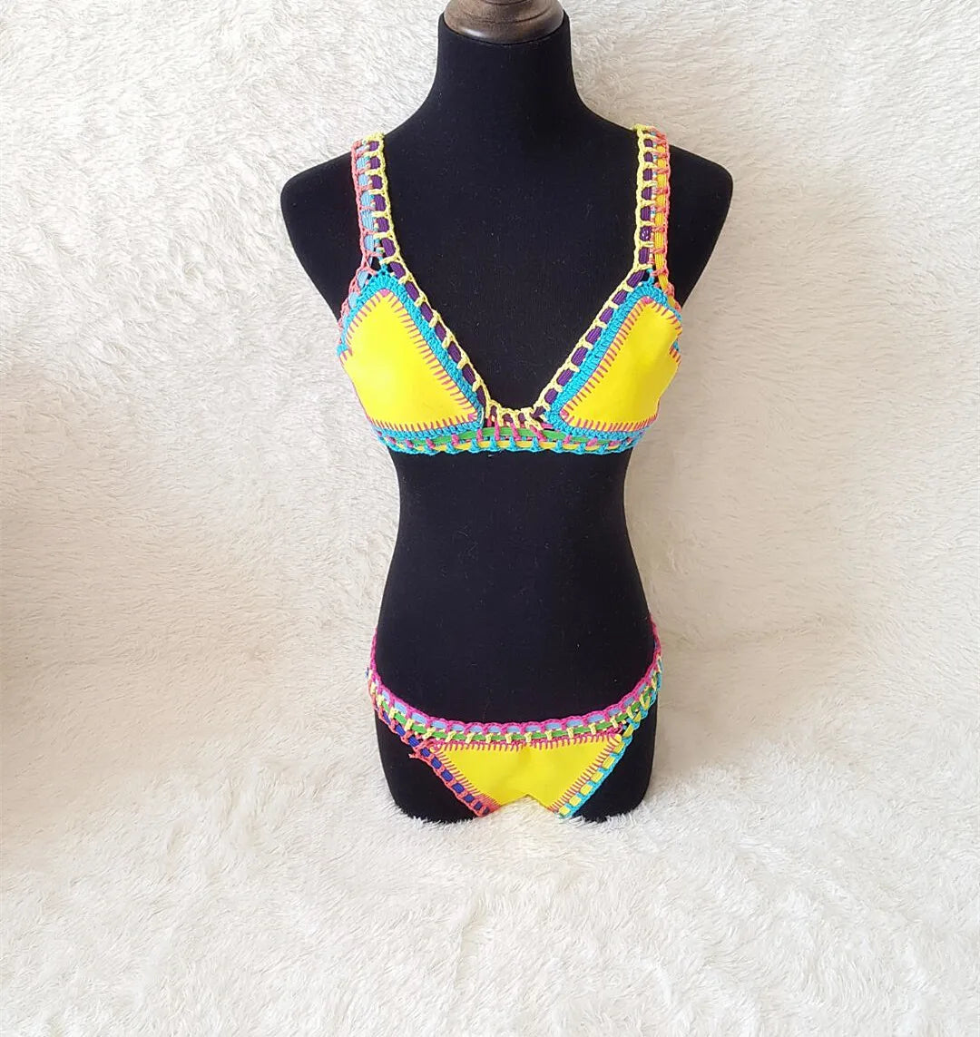 Bikini Crochet 2026 Handmade Knit Patchwork Reversible 2 Piece Swimsuit Women Halter Top Brazilian Bathing Suit Thong Swimwear
