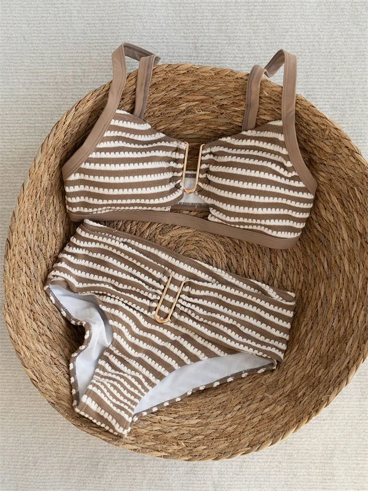 Sexy Black Striped Two Piece Bikini Set Women Metal U Neck Push Up Bra Belt High Waist Swimsuit Beach Bathing Suit Swimwear 2026