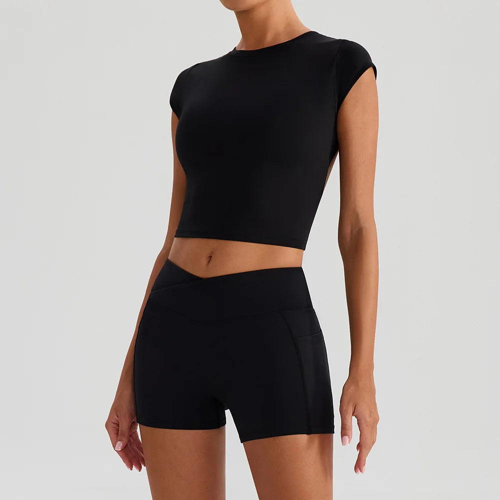 Yoga Shorts Sets Women Hanging Neck Hollow Back Sports T Shirts Sportsuit Gym High Waist Pocket Pants Fitness Workout Clothes