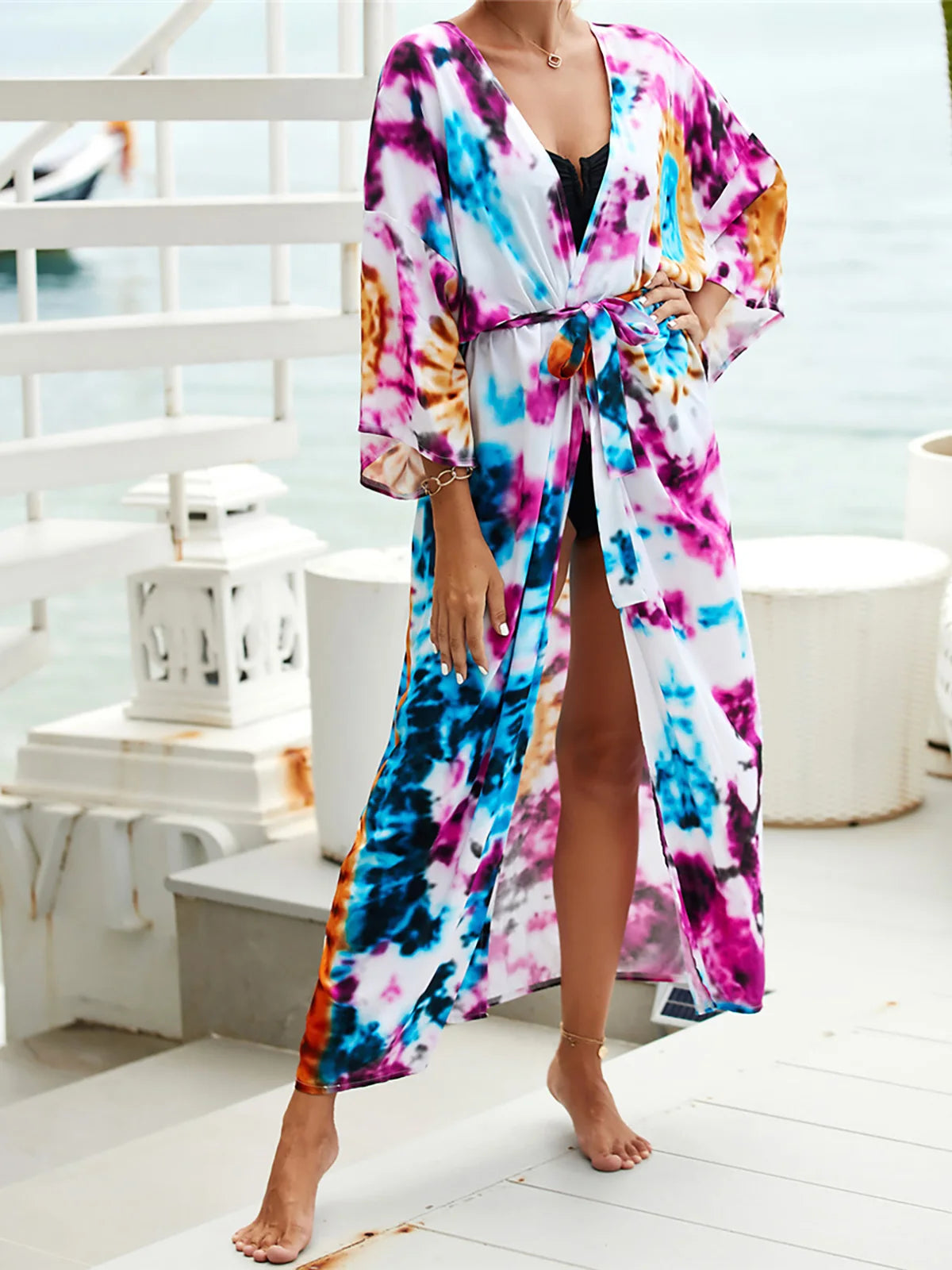 13 Colors Printed With Belt Crochet Knitted Tunic Beach Dress Beach Wear Beachwear Beach Cover Up Cover-upsFemale Women V7201
