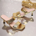 Luxury Gold Silver High Heels Slippers Women's 2025 Summer Slip on Thin Heeled Sandals Woman Plus Size 43 Square Toe Party Shoes