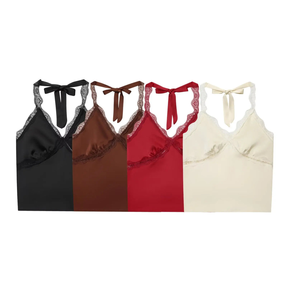 Women's Fashionable Casual Lace Halter V-Neck Double-Sided Satin Short Backless Solid Color Camisole For Woman Lace Trimmed 8BZO