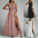 Elegant Solid Color Fine Sparkle Party Dresses Women Temperament V-neck Leace-up Mesh Slit Long Dress Evening Vestidos Female