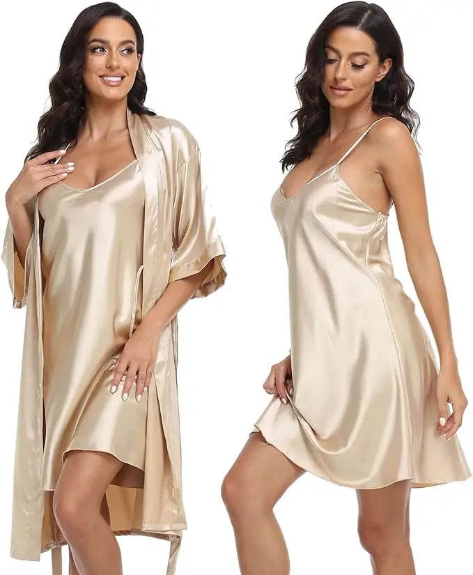 Women's Luxury Silk Pajamas Set Long Sleeve Robe Comfortable Loose Slip Skirt Women's Pajamas Two Piece Set