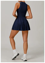 Women Front Zipper Tennis Dress Fake Two-piece Pieces Stand Up Collar Slim Fit Soft Sports Sets Fitness Pocket Skorts Yoga Suits