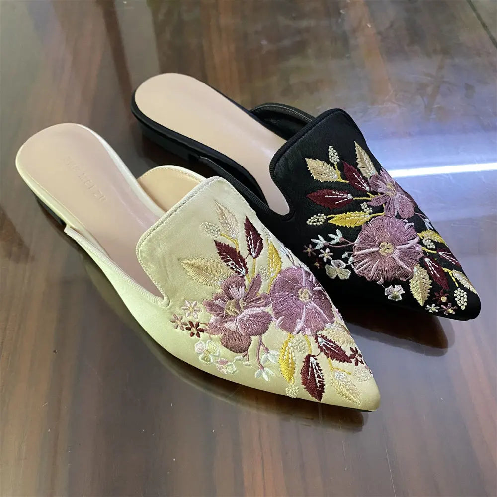 2026 Big Size 43 Summer Women's Blue Mules Slipper Sandals with Silk Flowers Embroidery Comfy Walking Slide Flat Satin Shoes