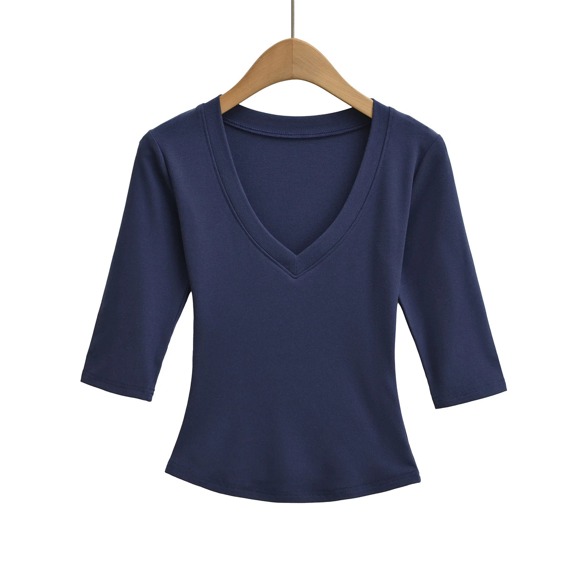 New Pure Desire Casual Style T-Shirt Hot Girl Sexy V-Neck Wool Lyocell Stretch Slim Fit Mid-Sleeve Solid Color Thin T-Shirt WLOC