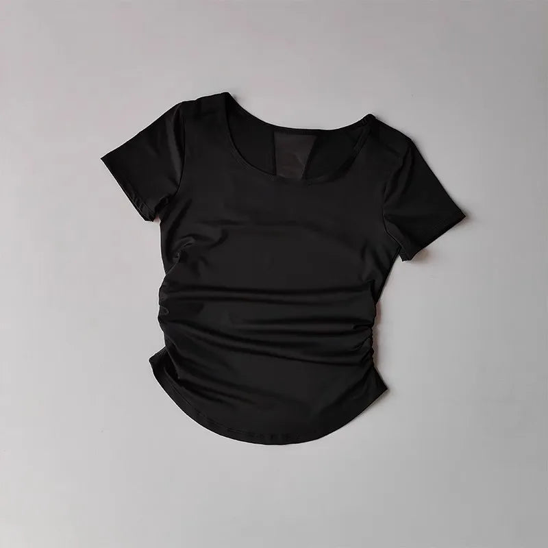Women's Summer Yoga Sports Top Short Sleeve Pleated Waist Cinching Mesh Spliced Breathable Fitness T-Shirt