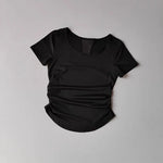Women's Summer Yoga Sports Top Short Sleeve Pleated Waist Cinching Mesh Spliced Breathable Fitness T-Shirt