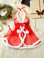 Red Sexy Sleepwear Cloak-style Nightgown And Thong Set With Plush Edge Cute Transparent Christmas Valentine's Day Gift Hatler
