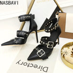 NASBAVI Black Punk Gothic High Heels Sexy Plus Size Pointed Toe Fashion Buckle Rivet Women Pumps Wedding Shoes Stiletto Heels